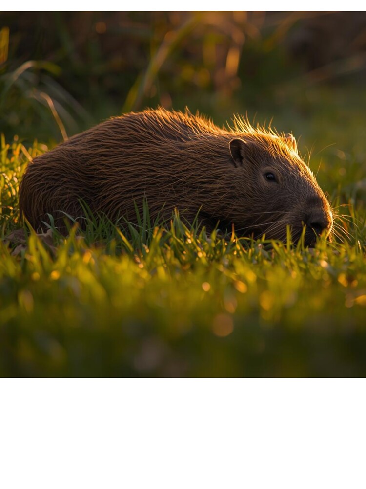 A capybara relaxing in the morning sun on a lawn. by NiceArtsPlace