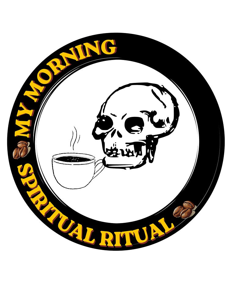 My Morning Spiritual Ritual Skull Drinking Coffee Vintage Badge by SOOOMINO