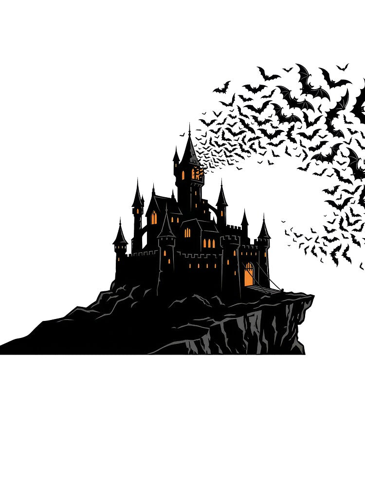 Gothic Castle & Swarm of Bats Halloween Design by TontikDesign
