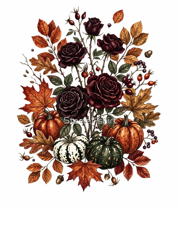 Dark roses and pumpkins - Gothic Autumn Pumpkin Floral Bouquet by Steele-Art