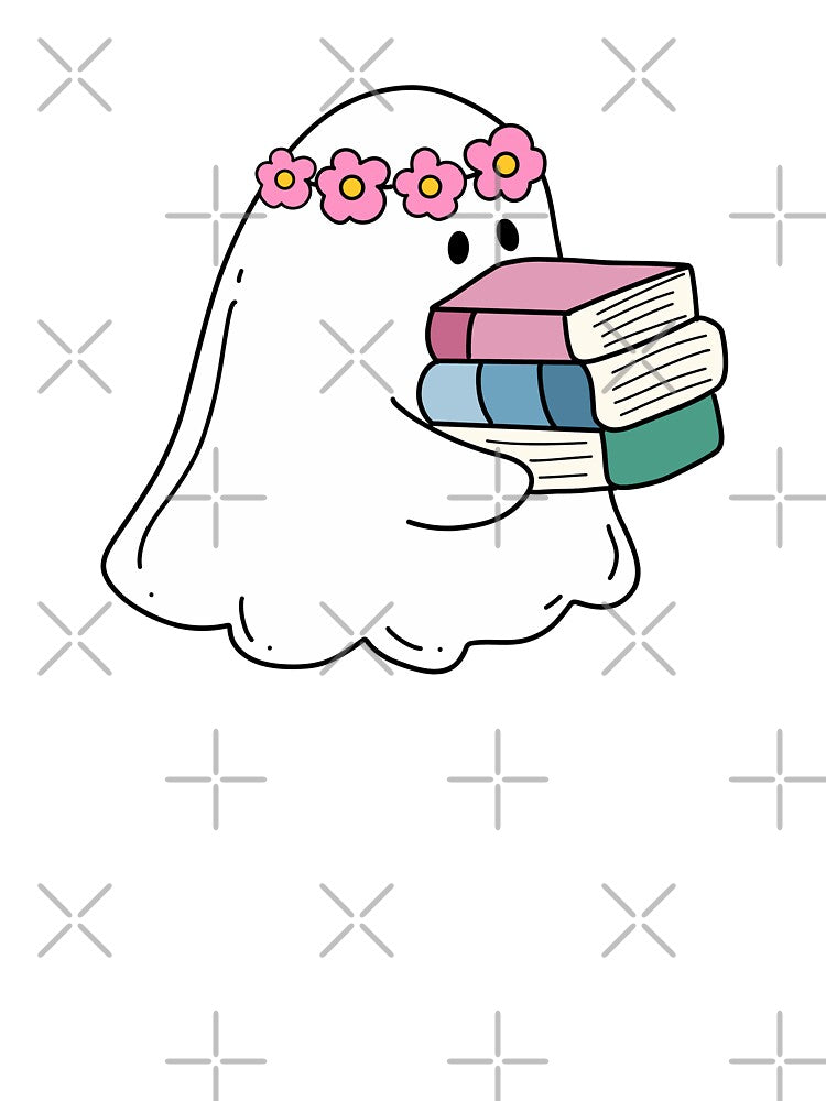 Cute ghost with floral crown carrying books by Neadoodles