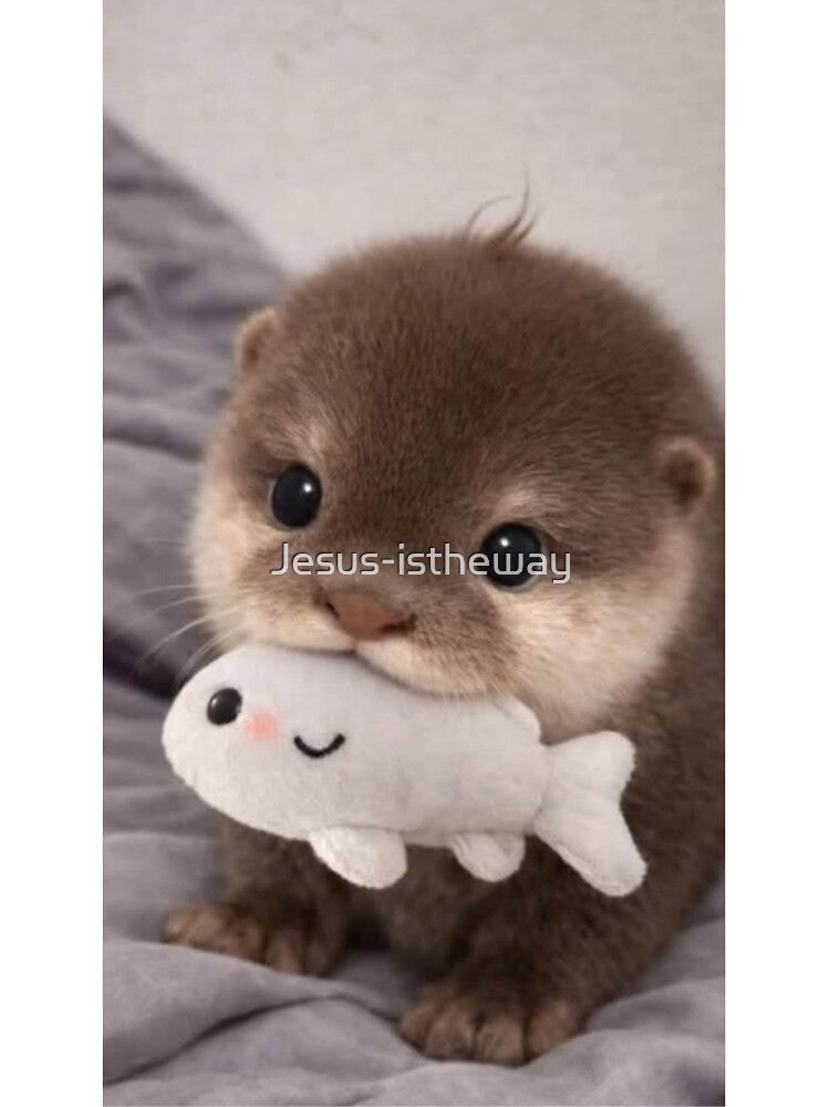 Adorable Baby Otter Hugging a Plush Fish | Cute Kawaii Animal Art by Jesus-istheway