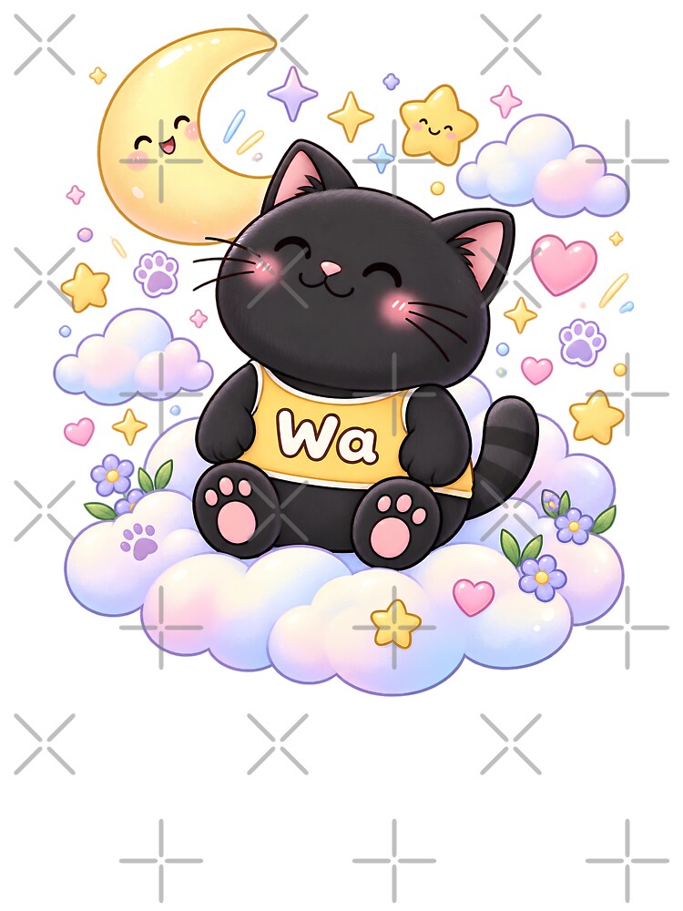 Kawaii Black Cat Watching the Crescent Moon Cute Cartoon Animal Design by Wawa5656