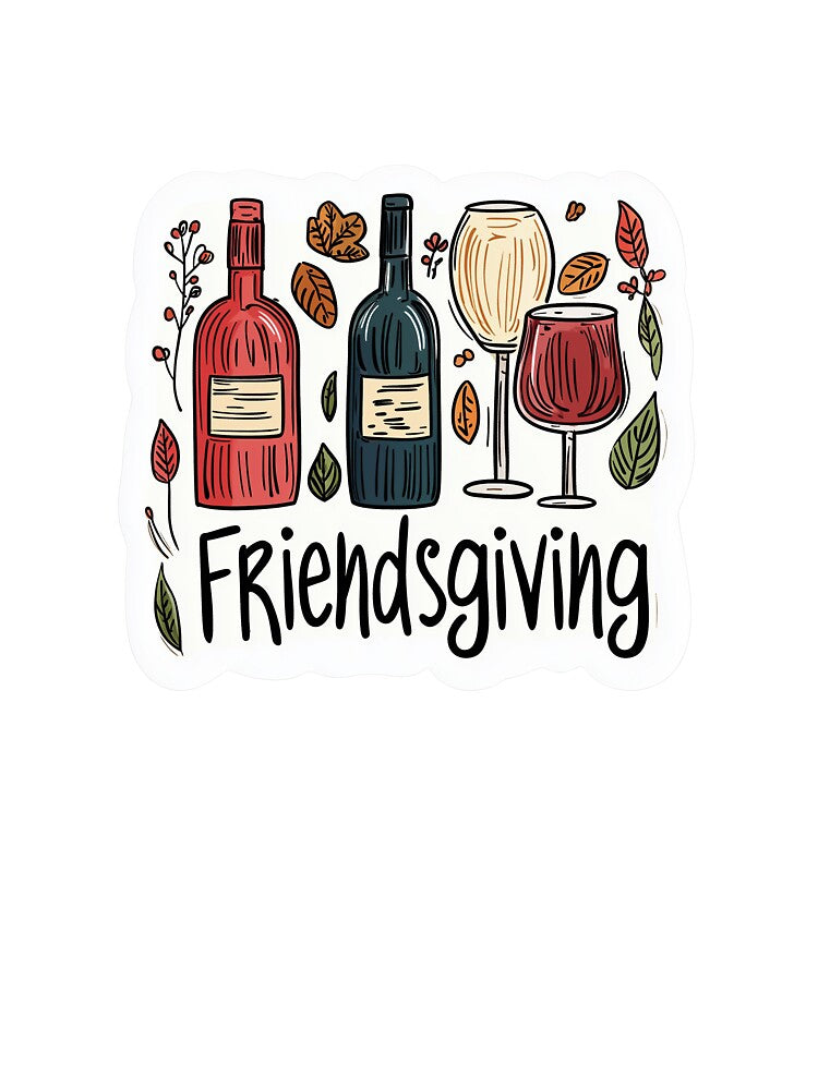 Friendsgiving Wine Sticker with Autumn Leaves and Glasses by Liseri