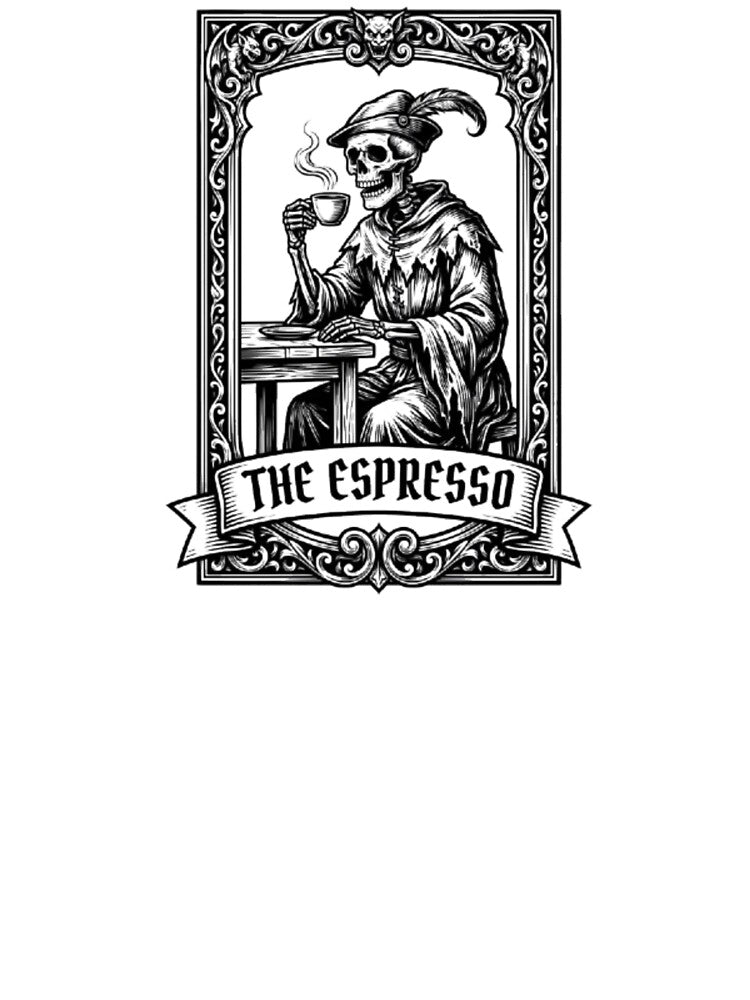 The Espresso Tarot Card Skeleton Drinking Coffee Vintage Woodcut by OLLI_STORE