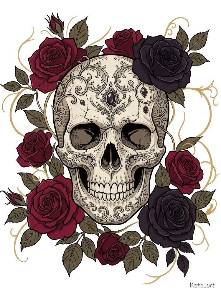 Elegant Gothic Skull and Crimson Roses - back t-shirts by Kate1art