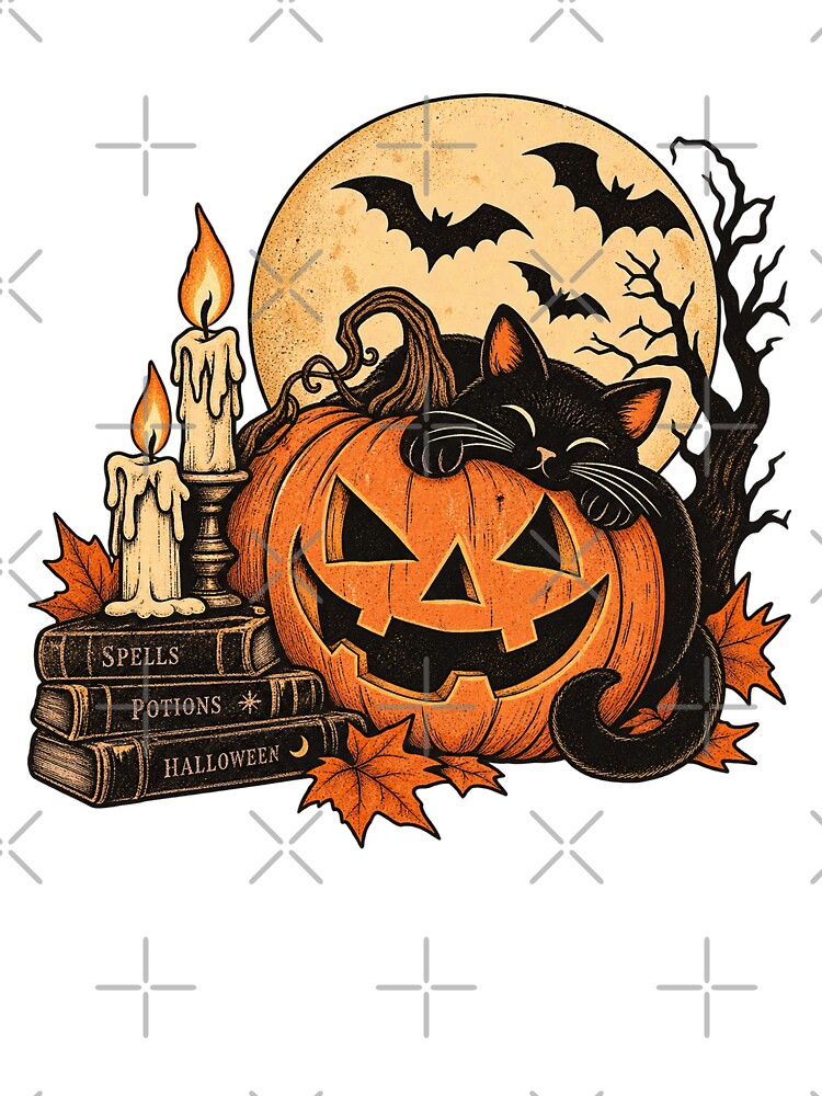 Vintage Halloween Black Cat Pumpkin Moon by RetroPop23