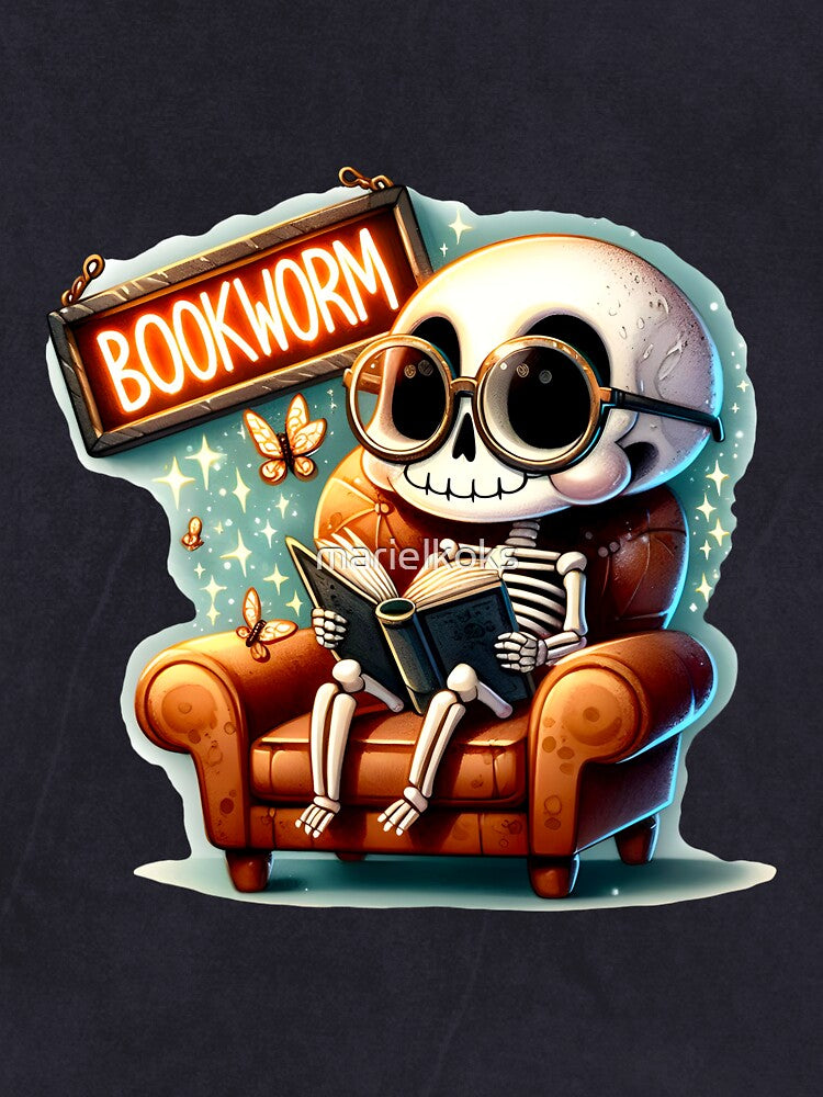 Sarcastic skeleton. Funny bookworm. Snarky skeleton. by marielkoks