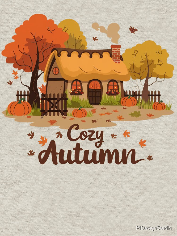 Cozy Autumn Cottage – Warm Fall Scene with Pumpkins and Falling Leaves by pnidesign
