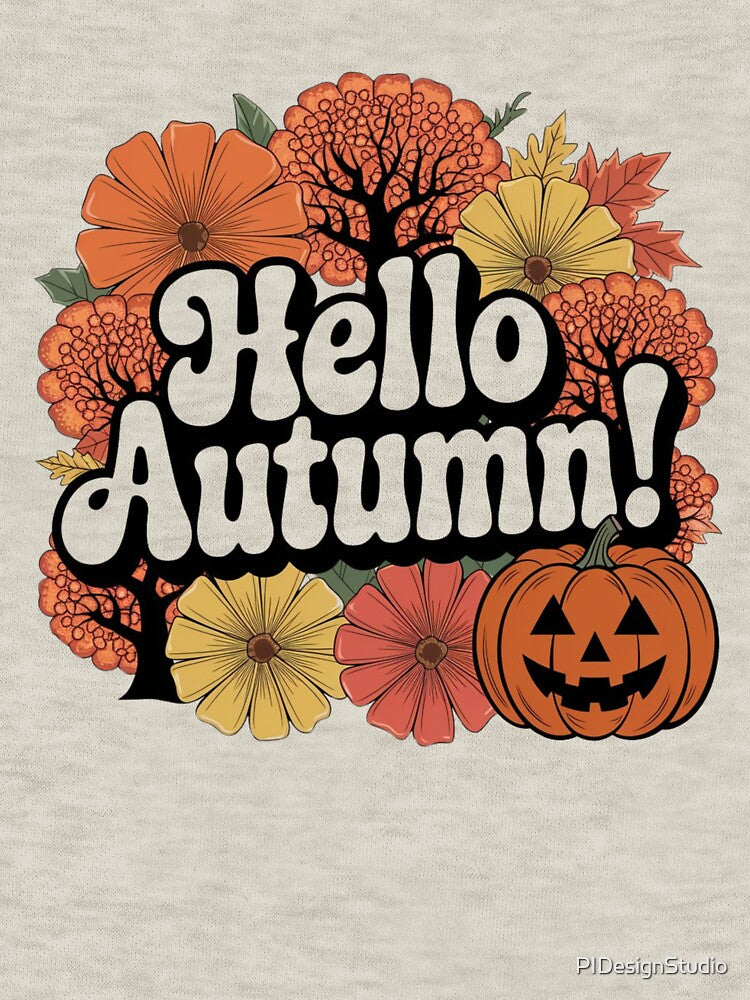Hello Autumn - Pumpkin and Fall Leaves Design by pnidesign