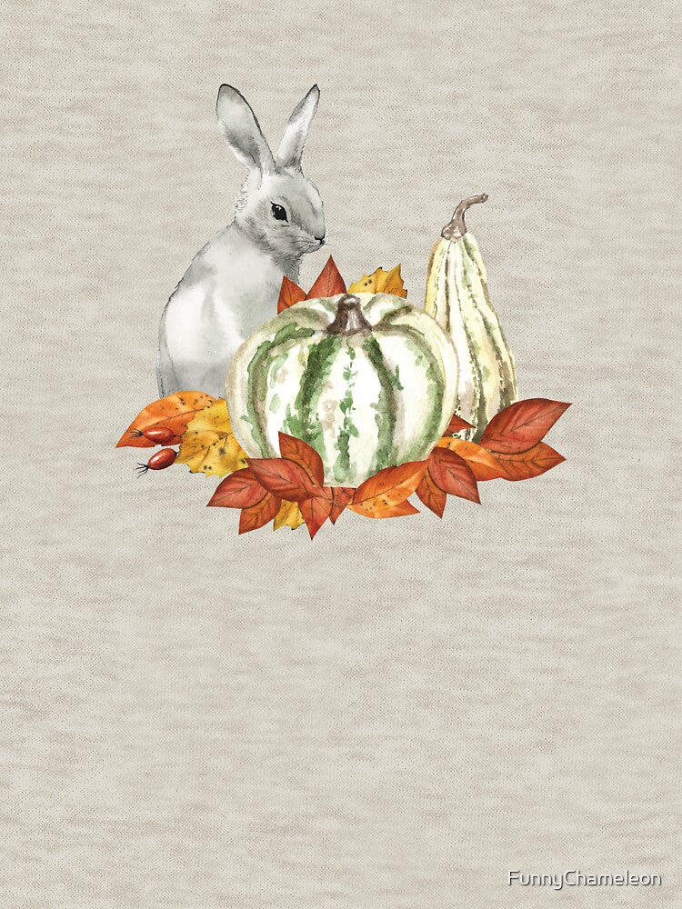 Cute bunny with pumpkins and falling leaves - Autumn greetings by FunnyChameleon