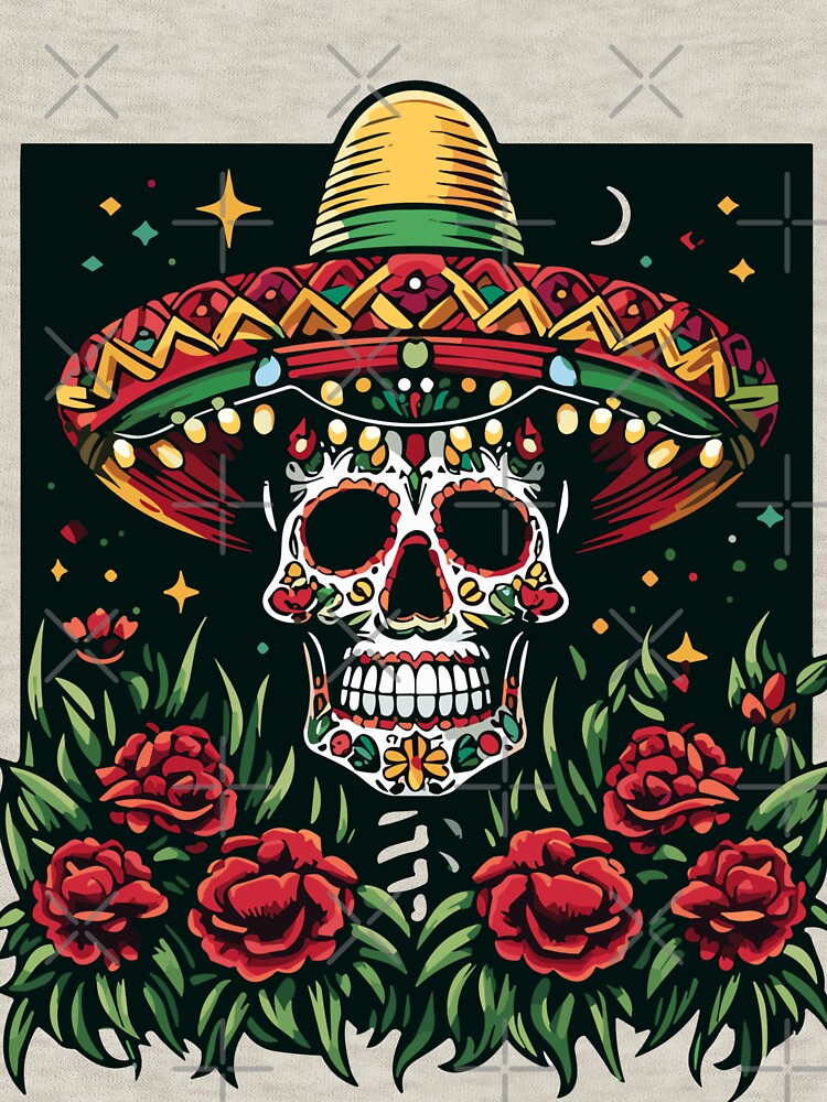 "Sugar skull with a hat surrounded by red roses"/A cheerful Mexican skull with a charro hat and marigold flowers. by yensyriv