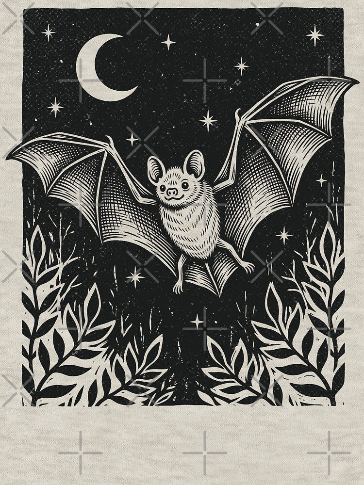 Bat Starry Night Linocut Woodland Creature Gothic by Y-Vibes