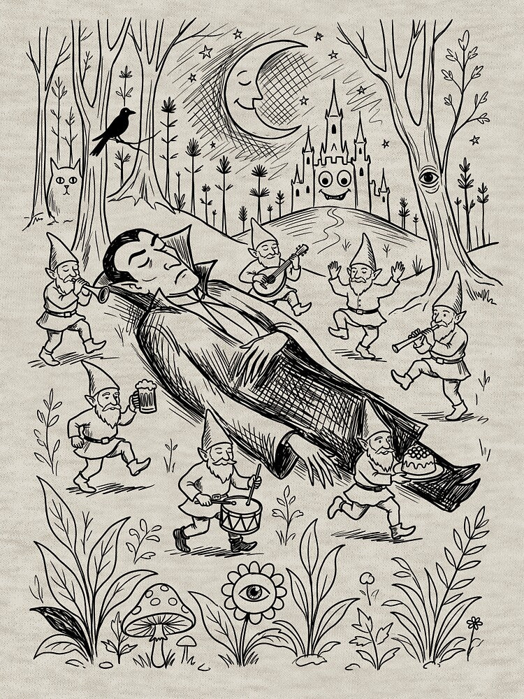 Gnomes Carry Sleeping Giant - Whimsical Horror by bapupa