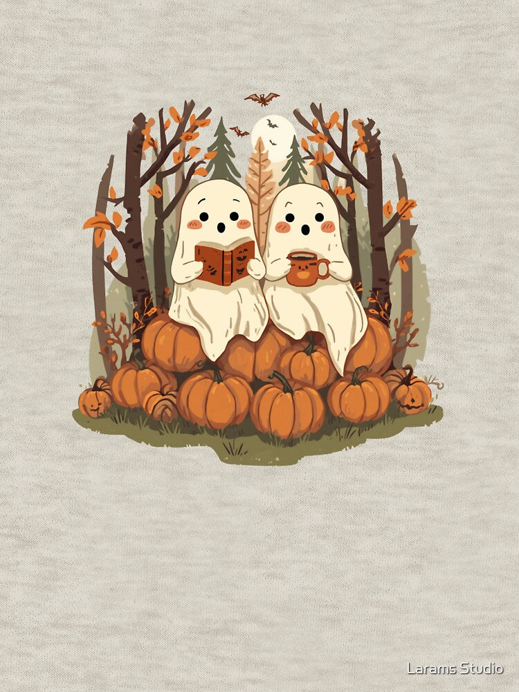 Cozy Ghost Reading Book with Pumpkin Patch - Autumn Aesthetic Fall Vibe by Larams Studio