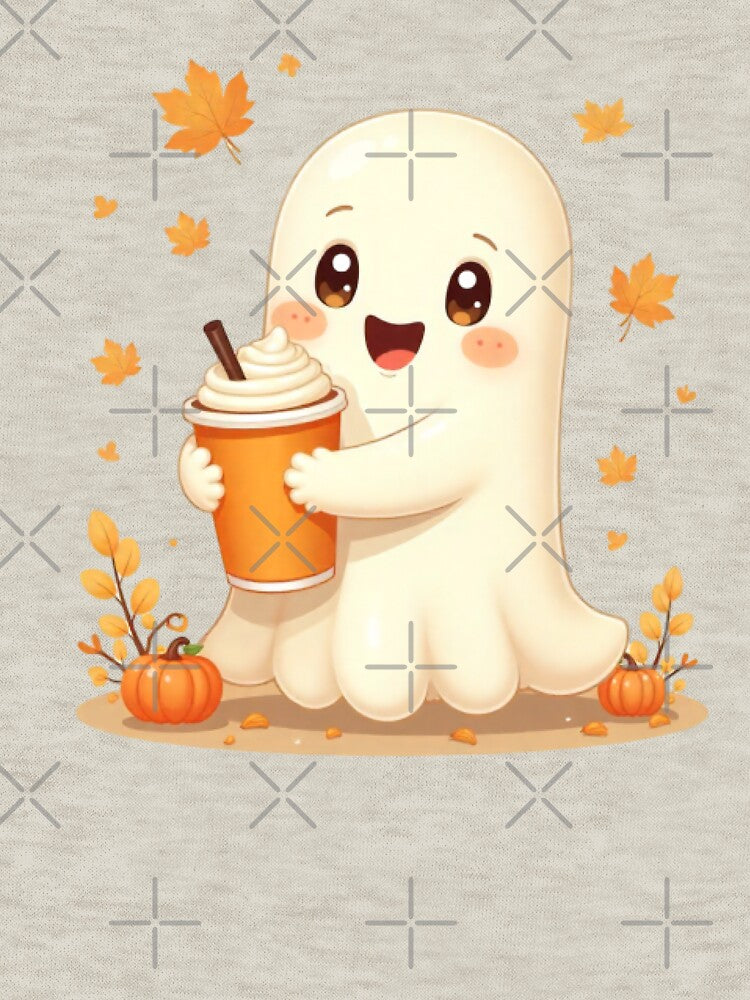Cute Halloween Ghost with Coffee Mug - Spooky Kawaii Art by KhadijaBatool38