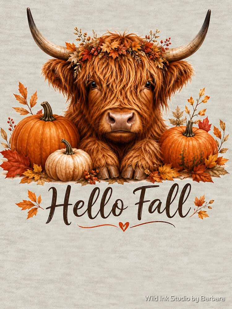 Hello Fall Highland Cow Autumn by Wild Ink Studio by Barbara