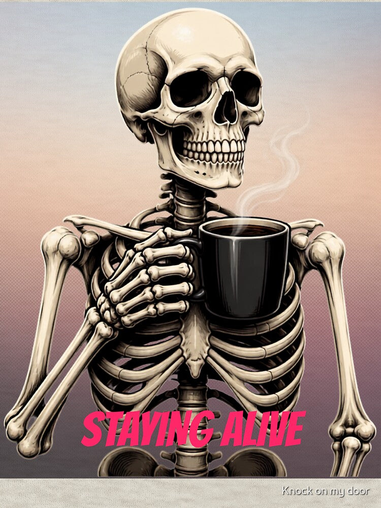 A funny coffee-themed or Halloween graphic. by Knock on my door