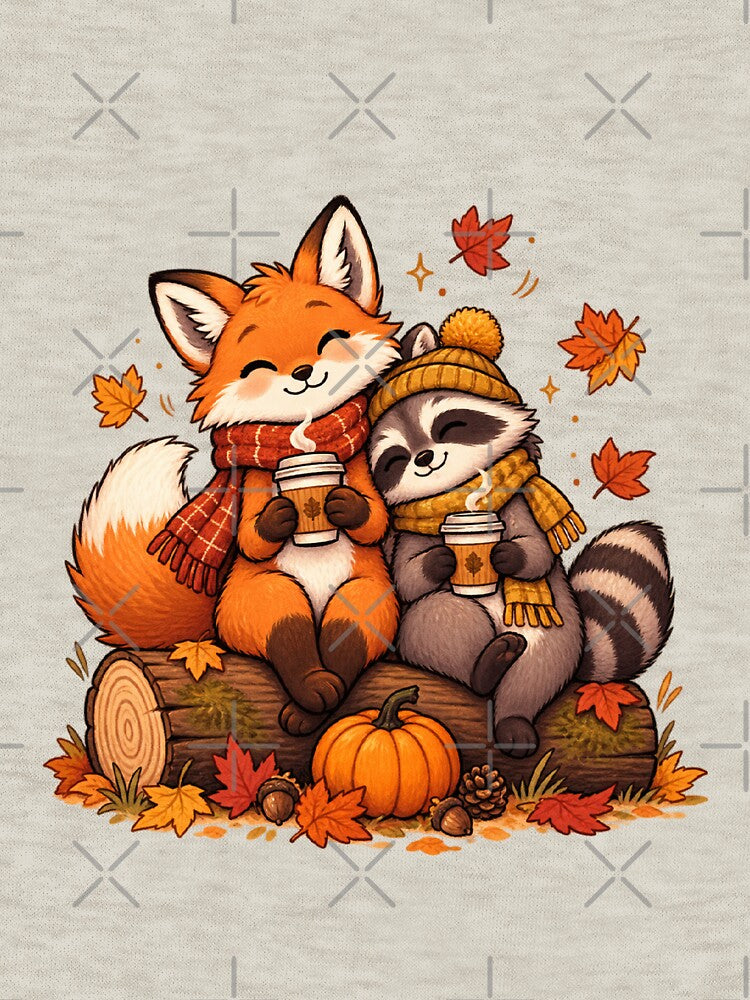 Cozy Autumn Friends Fox and Raccoon Coffee Fall Design by youcefben48