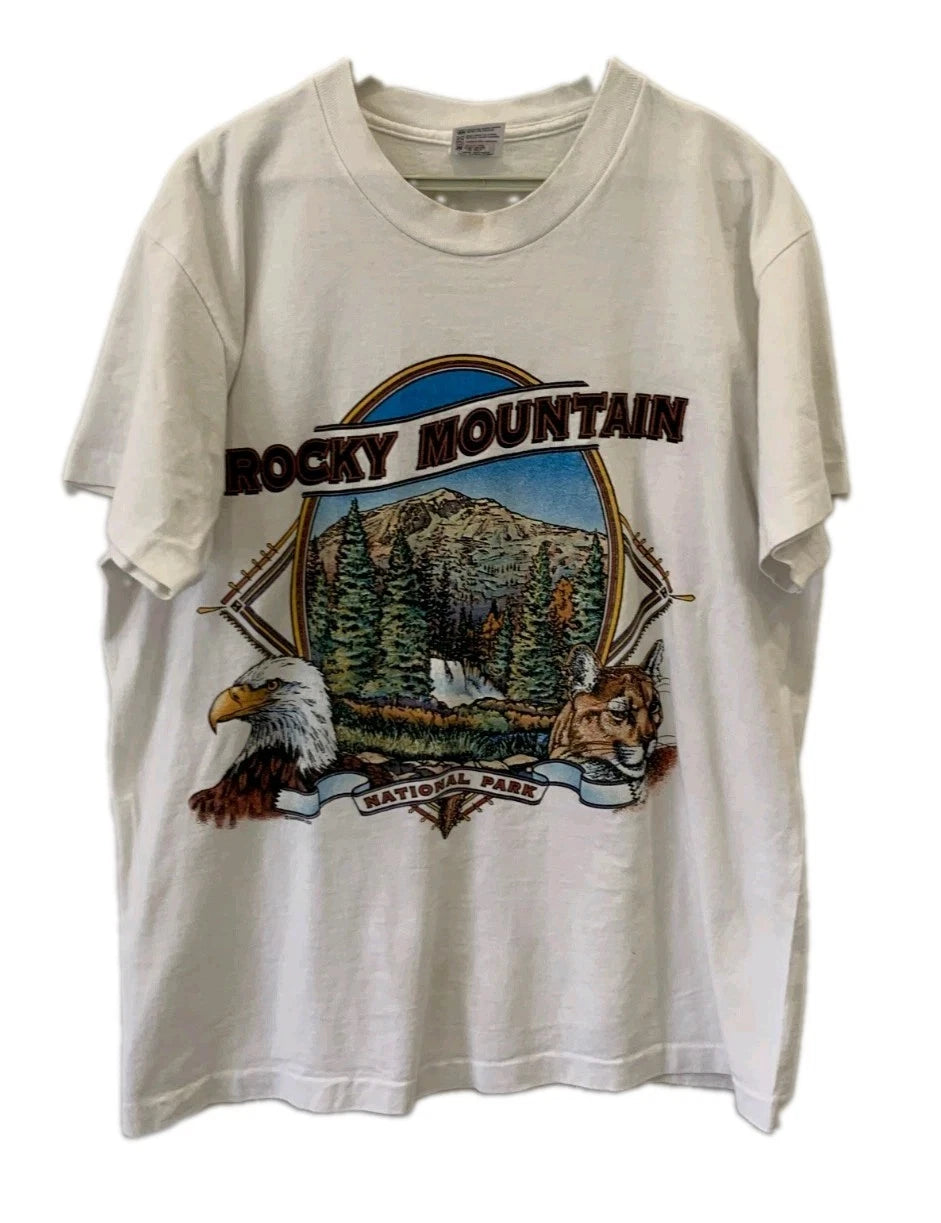 Vtg Rocky Mountain National Park T-Shirt Mens L White Eagle Cougar Nature#15