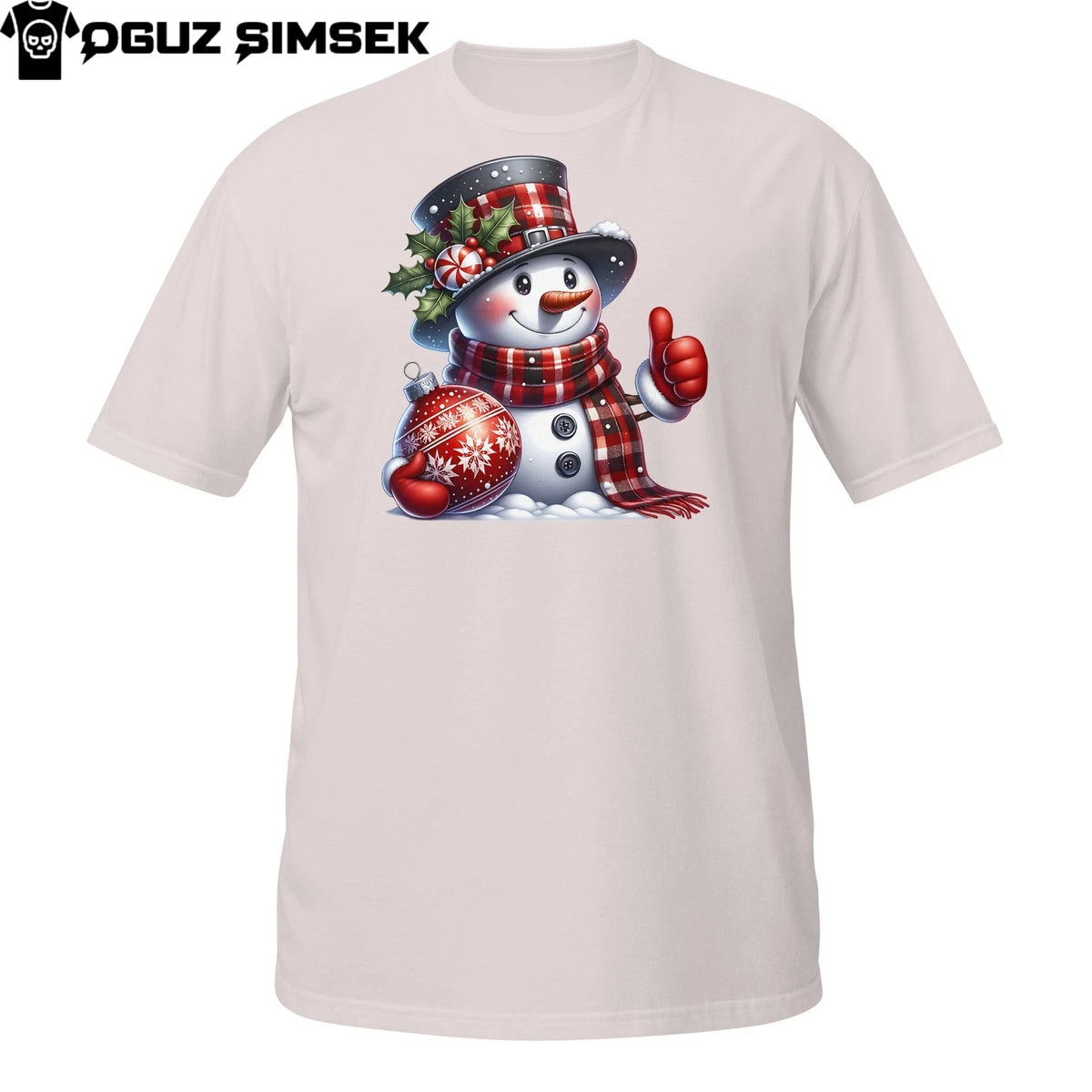 Christmas Snowman T-Shirt – Red Plaid Scarf, Ornament & Cheerful Winter Design