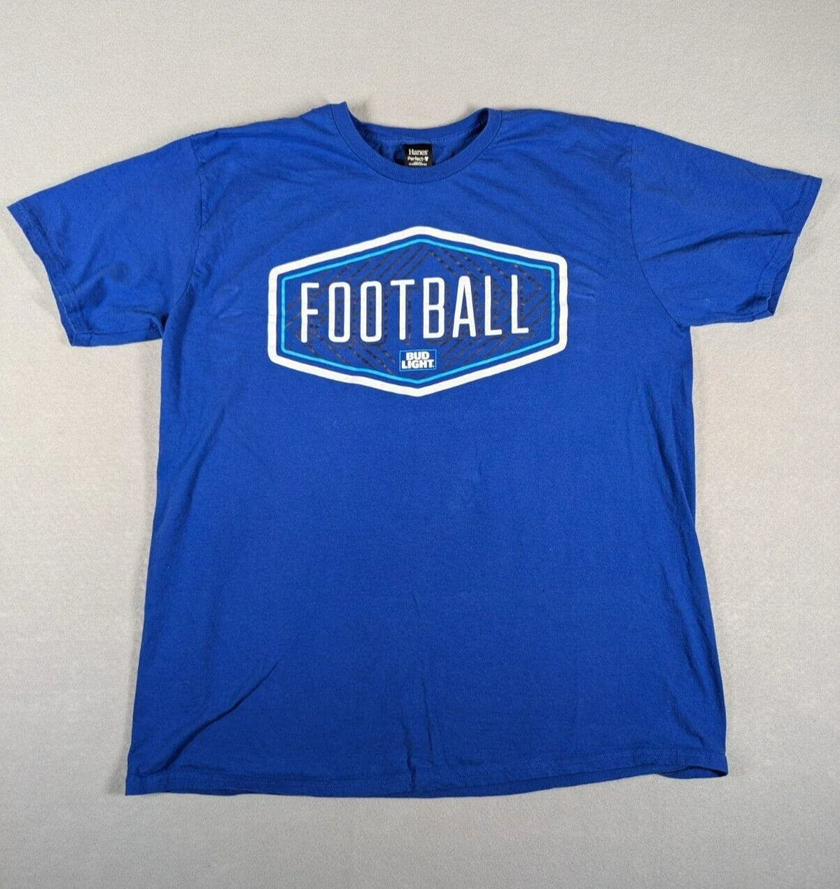 Bud Light Football Adult XXL Blue Royal Hanes Perfect Tee Pigskin Unisex