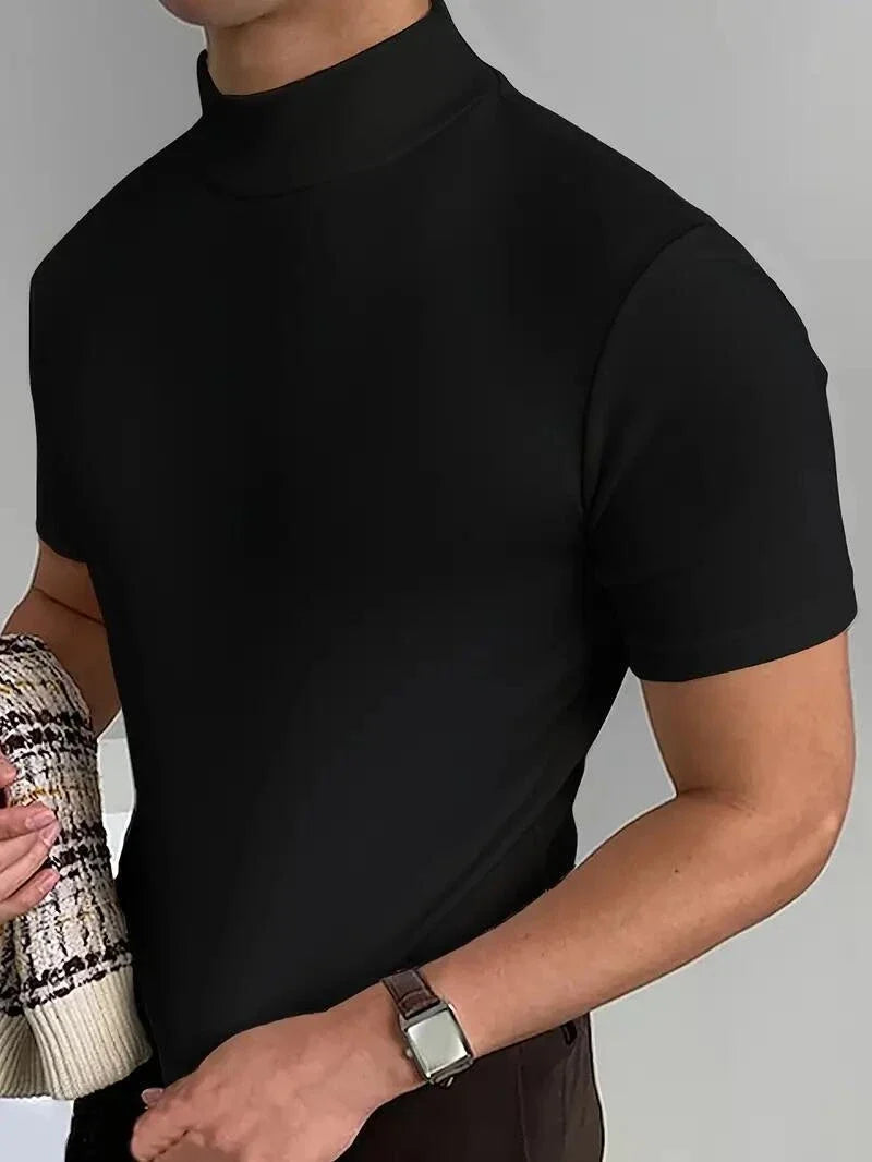 High Turtle Neck Short Sleeve T Shirt Soft Black Fashion Men Comfortable Fit Unisex