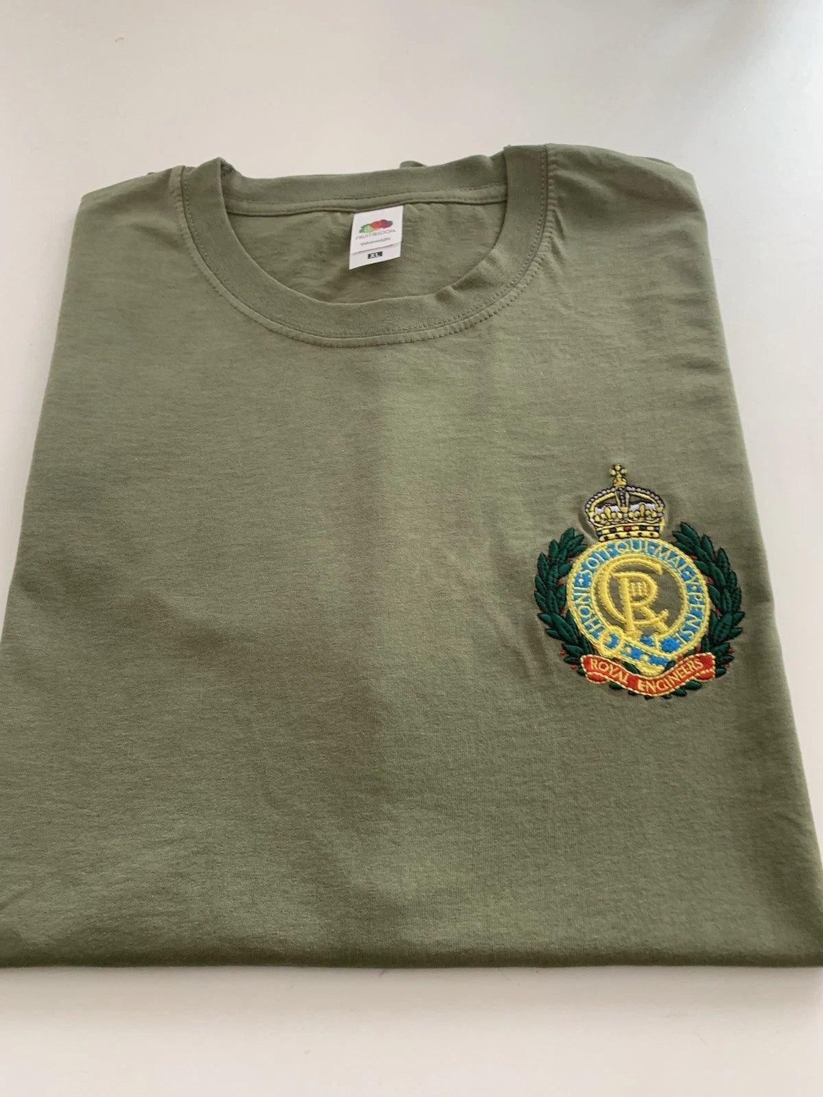 Royal Engineers badge embroidered on Military Green t-shirt CR Initials  m-xxxl