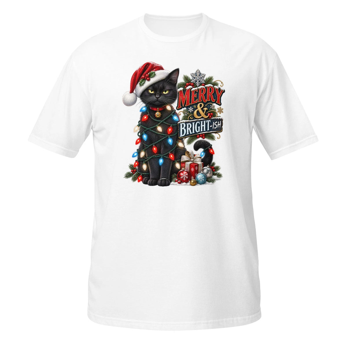 Merry Bright-ish Black Cat Christmas T-Shirt Funny Santa Lights Holiday