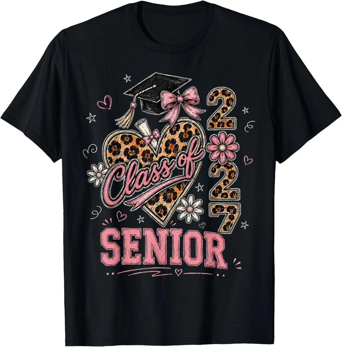 Senior 2027 Class of 2027 Coquette Leopard Bow Senior Grad T-Shirt