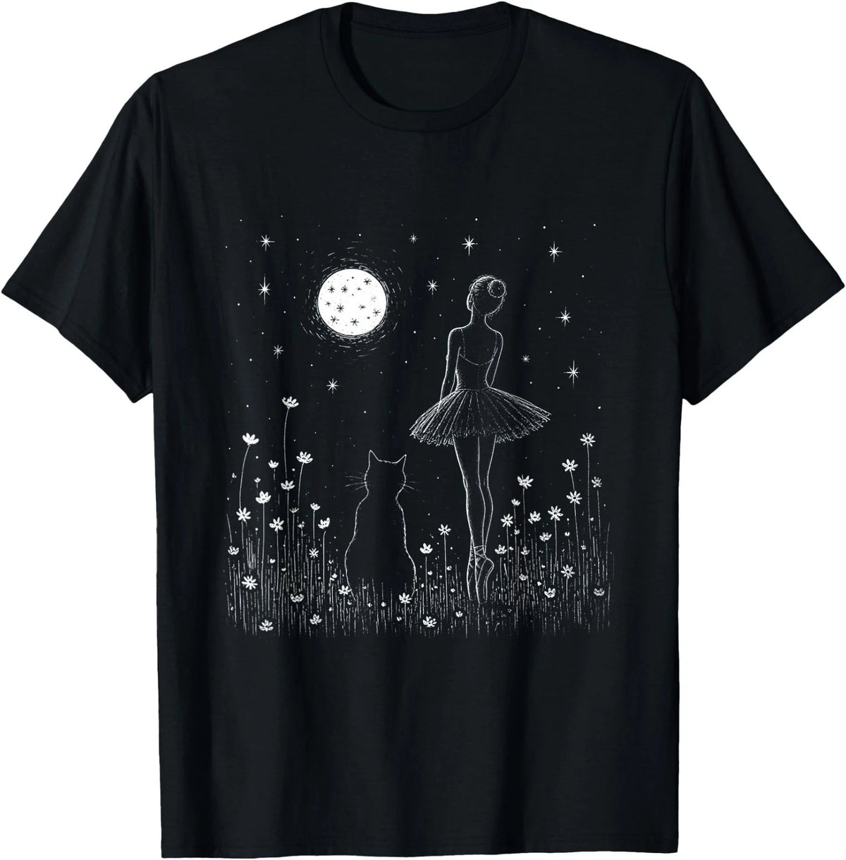 Celestial Ballerina and Cat Moon Stars Ballet Dance Graphic T-Shirt