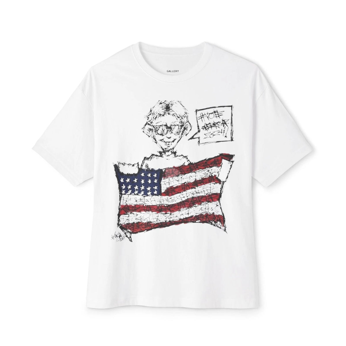 Vintage Y2k Sketched Figure with Distressed American Flag Tee | Boxy T-Shirt