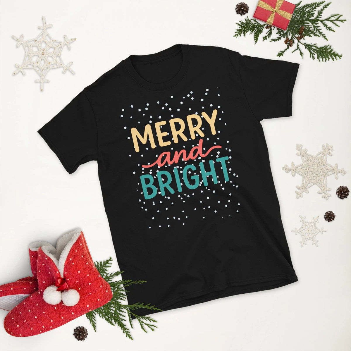 Merry and Bright Modern Christmas Snow Graphic Holiday Unisex T-Shirt