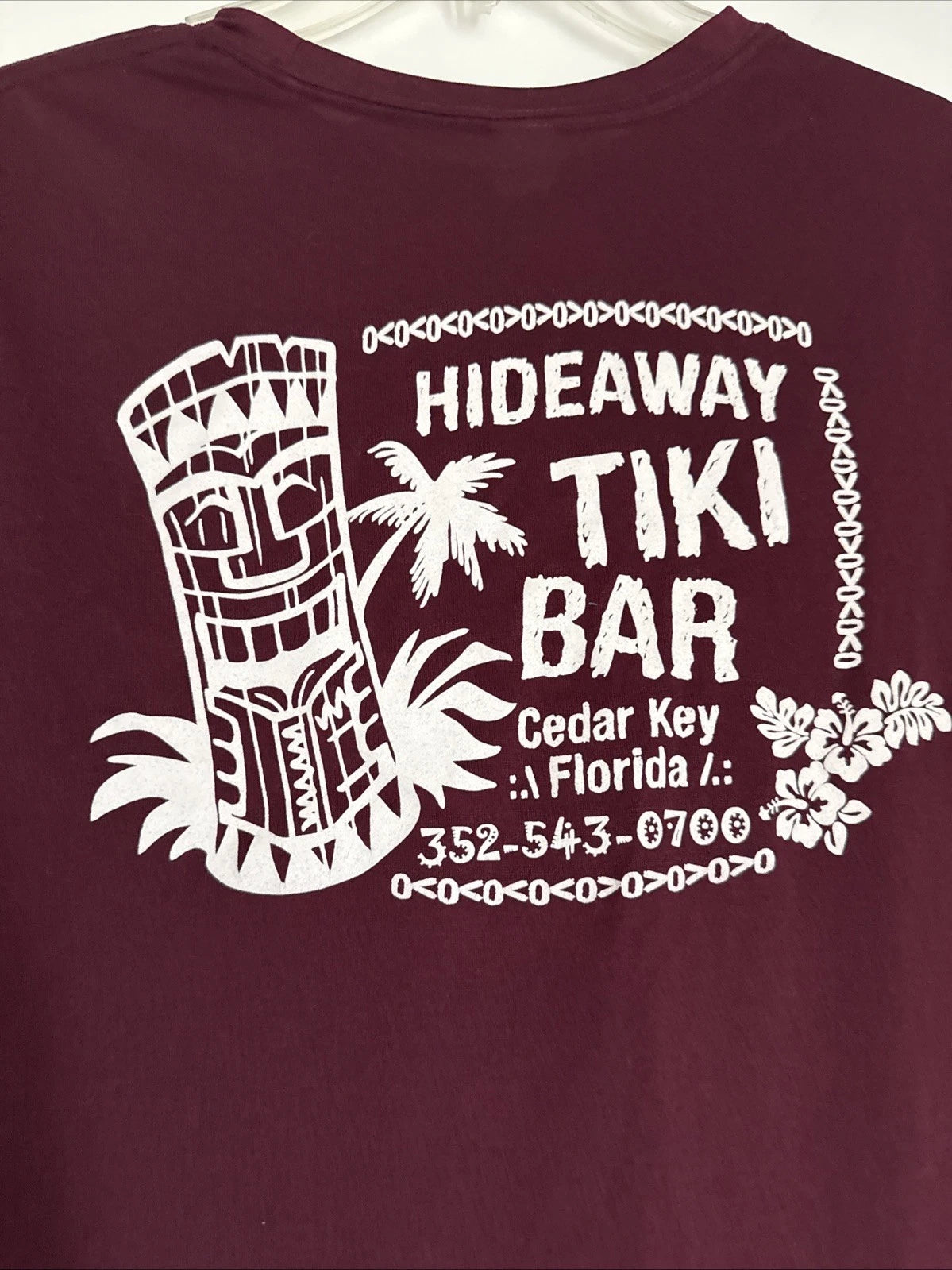 Low Key Hideaway Cedar Key Florida Maroon LARGE T-Shirt Beach Tiki Bar Graphic