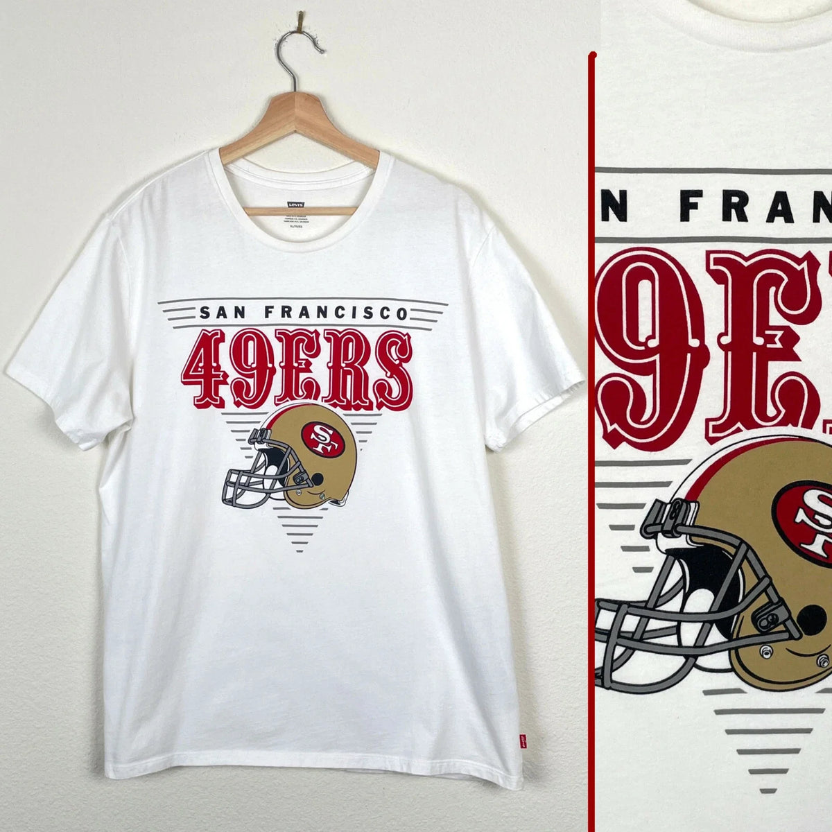 Vtg Levi's 49ers FOOTBALL White Red Gold Helmet Game Souvenir Fan Shirt Unisex
