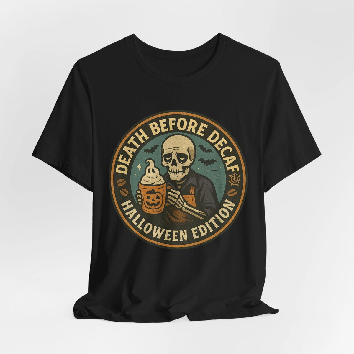 Death No Decaf Halloween Coffee T-Shirt Skeleton Pumpkin Spice Latte Tee