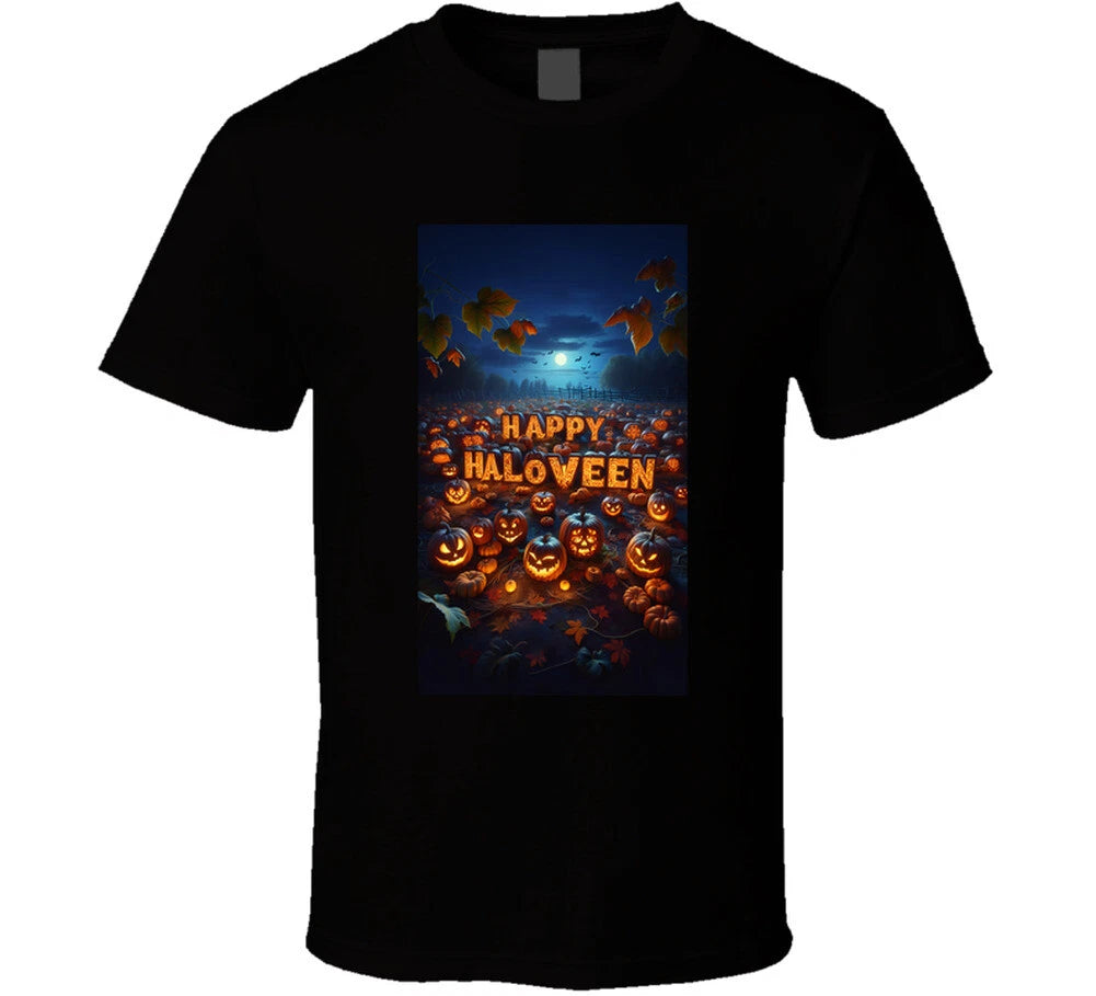 Happy Halloween spelled out in pumpkins in a pumpkin patch T Shirt