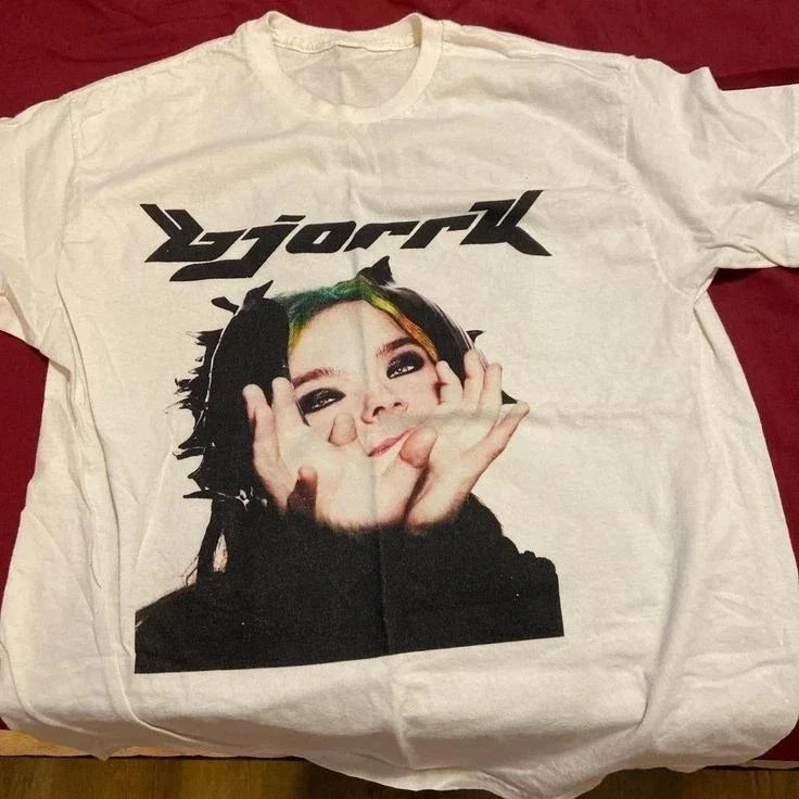 Rare Bjork 90s Basic style White T shirt Short sleeve Unisex Men Unisex