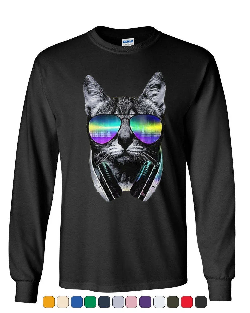 Funny DJ Cat Long Sleeve Music Kitten Headphones and Glasses Unisex
