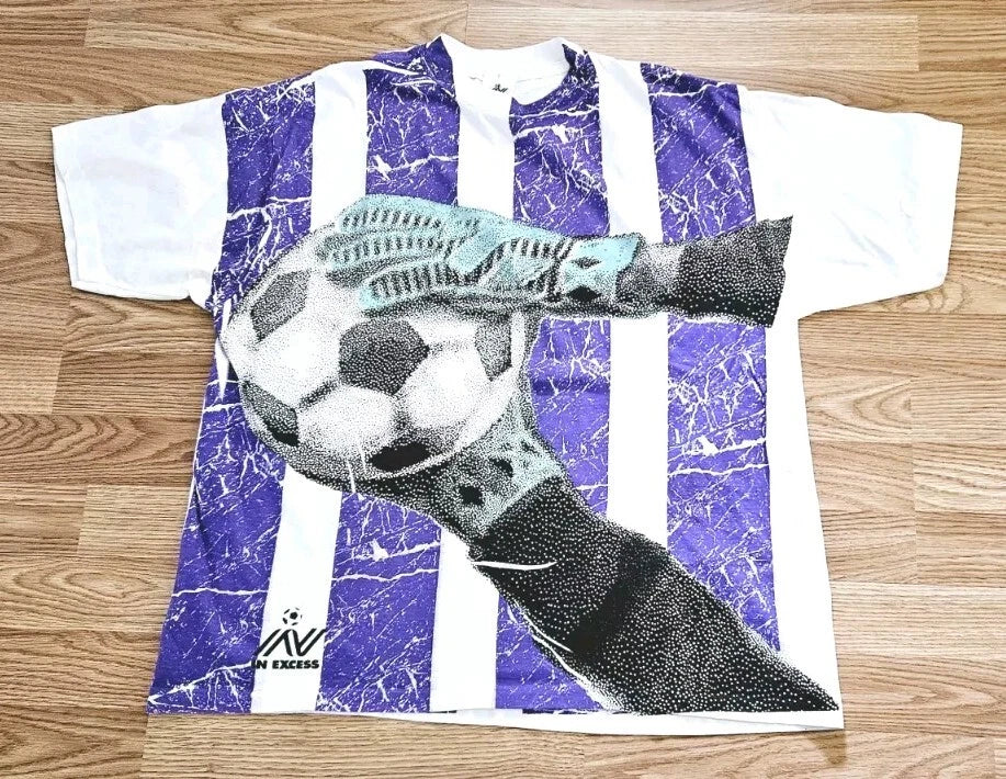 Vintage 90s All Over Print Soccer Futbol Shirt In Excess World Cup XL Unisex