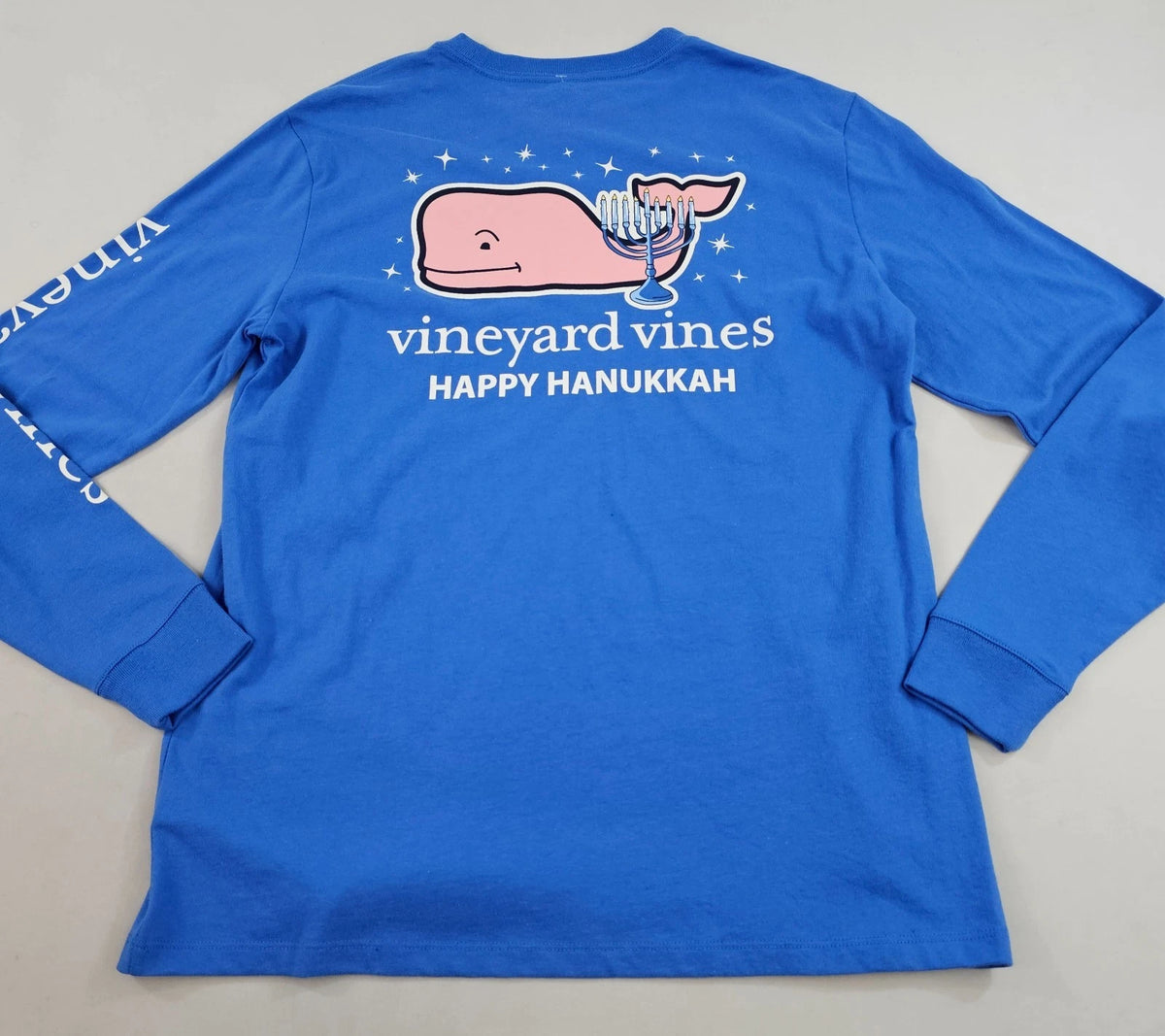 Vineyard Vines tee t-shirt men S blue long sleeves whale pocket Happy Hanukkah