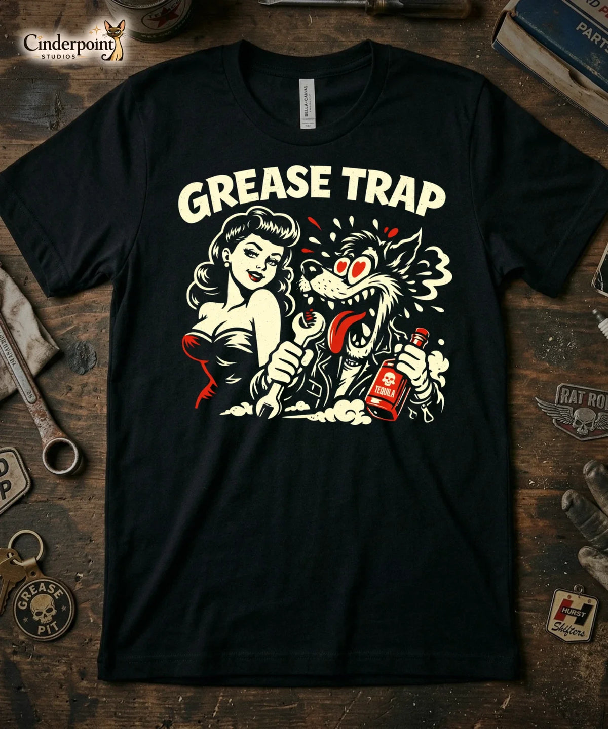Grease Trap Big Bad Wolf & Pinup Girl Retro Rockabilly Graphic Tee XS-5X Unisex