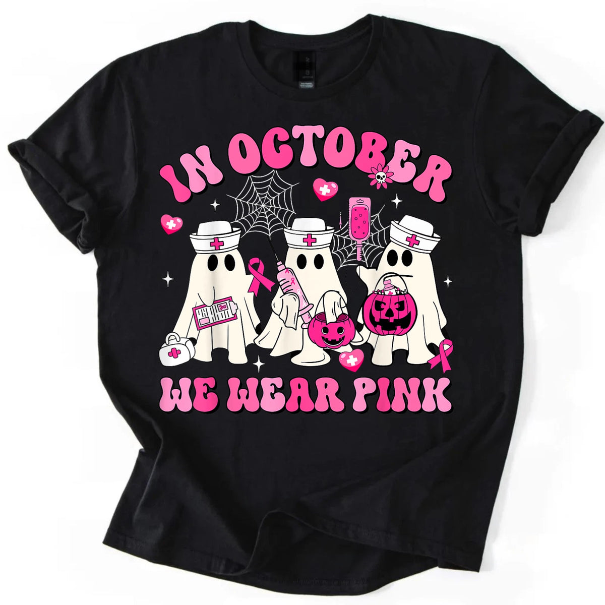 In October We Wear Pink Nurse Ghost Halloween Breast Cancer Awareness Unisex Tee