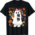 Cute Ghost Drinking Coffee Autumn Halloween Black Cats T-Shirt