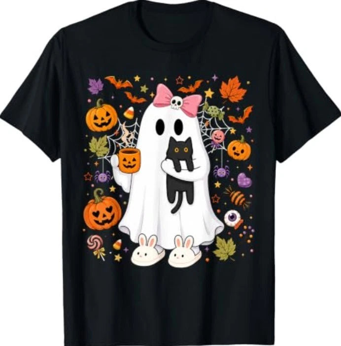 Cute Ghost Drinking Coffee Autumn Halloween Black Cats T-Shirt