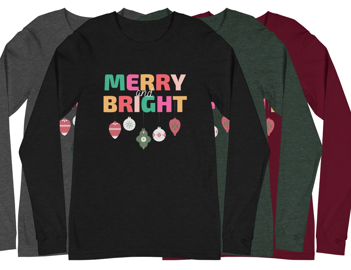 Merry and Bright Unisex Long Sleeve Tee Christmas Gift S,M,L,XL,2X