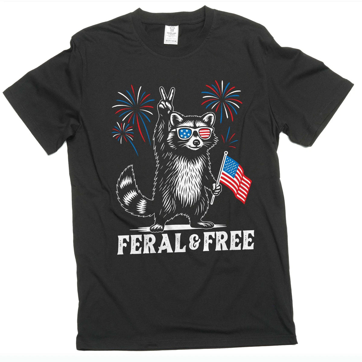 4th of July funny racoon feral and free tshirt free patriotic USA flag funny tee