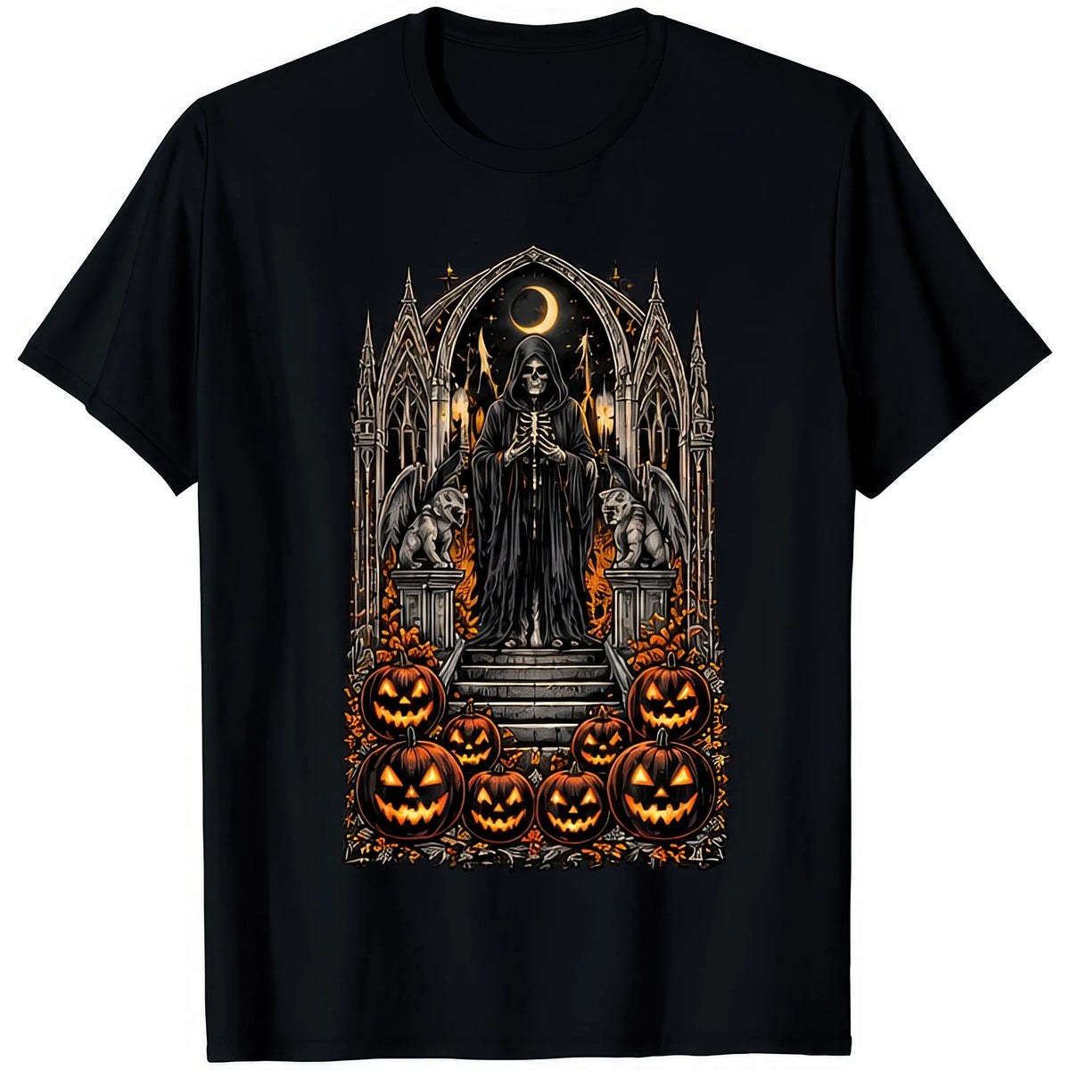 Reaper On Throne With Pumpkins Grim Skeleton Halloween Gothic Cathedral T Shirt