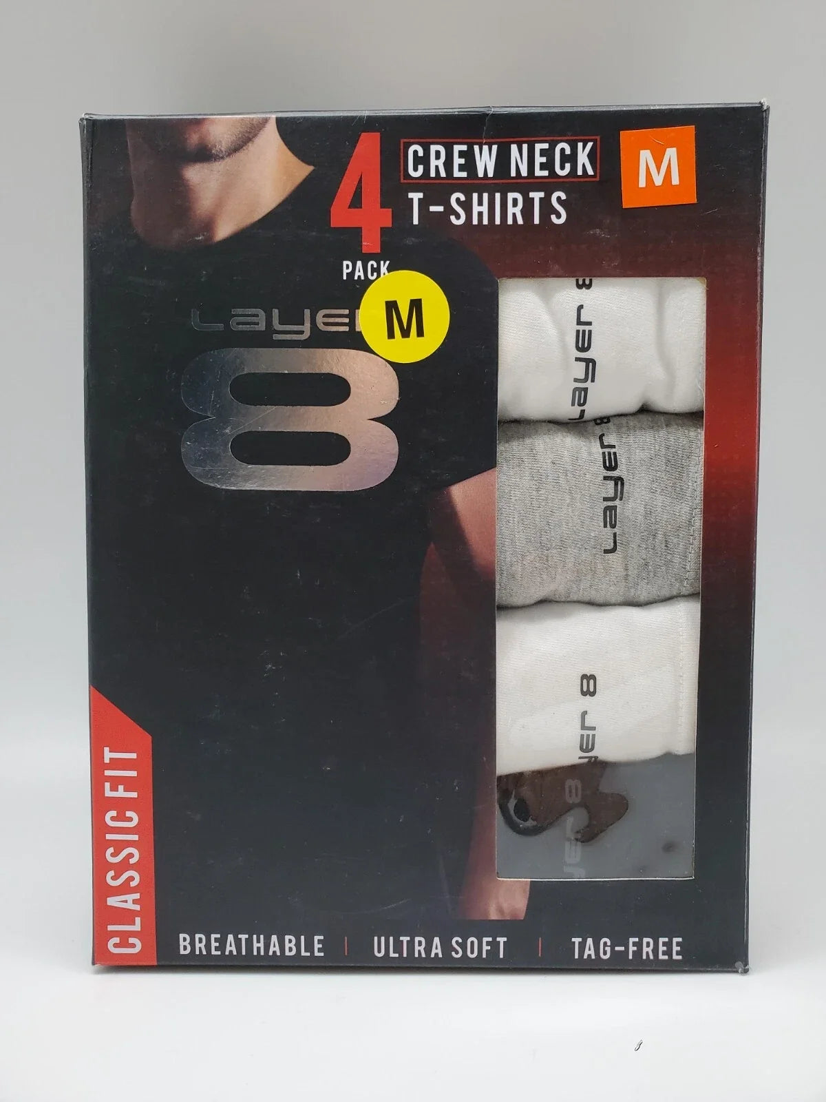 LAYER8 Classic 4Pc Crew Neck S-XL T Shirt Tag-Free Soft Cotton Black/Gray/White Unisex