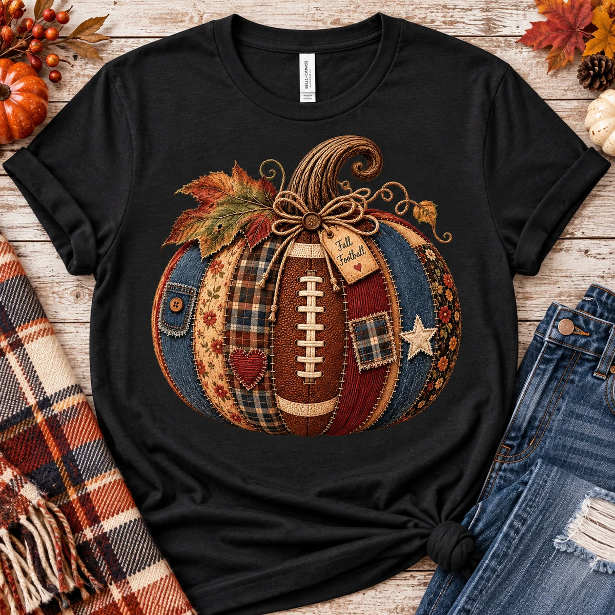 Patchwork Football Pumpkin Tee | Fall Pumpkin Football Shirt I Autumn Gift